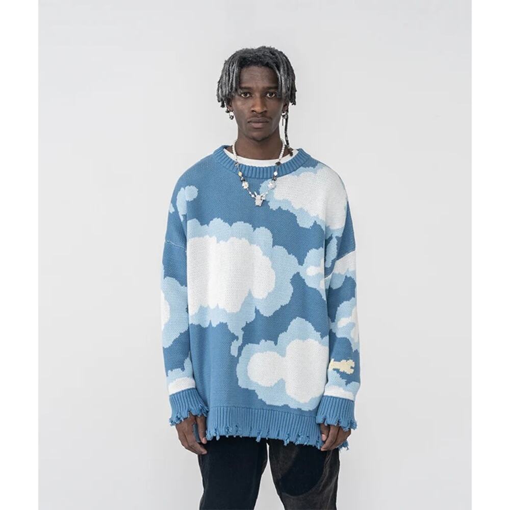HARSH AND CRUEL sz L Blue Sky Ripped Sweater Cloud Novelty Print Oversized Comfy